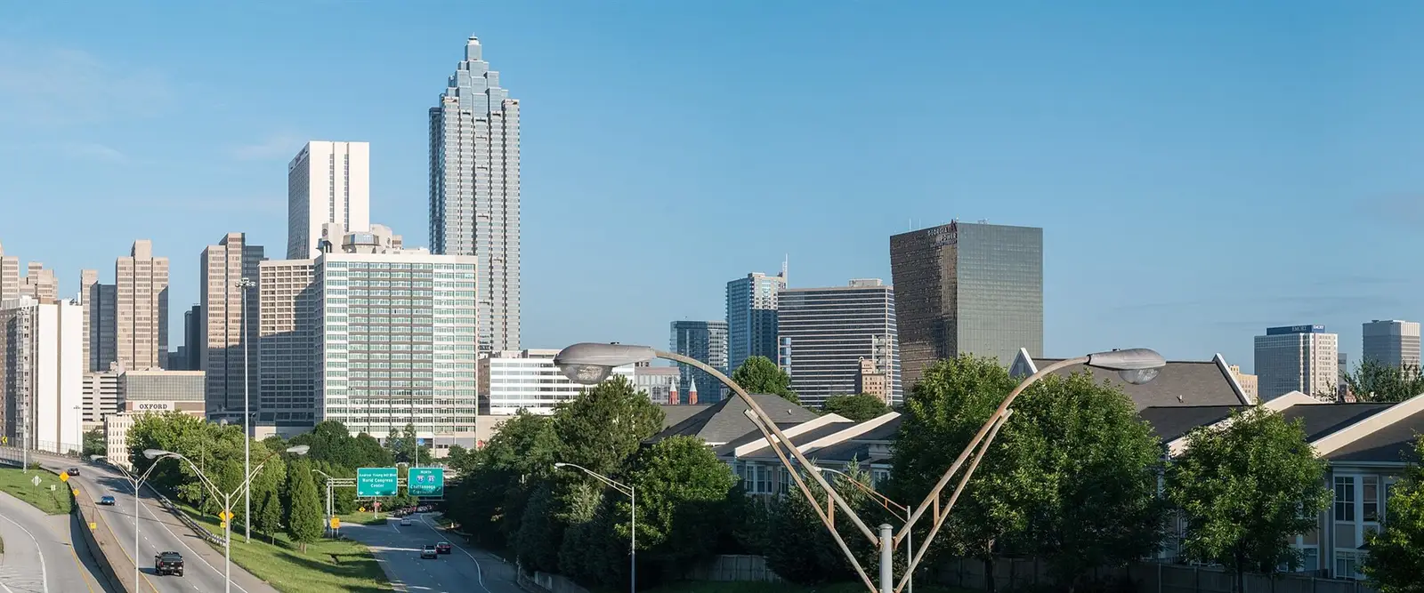 The downtown Atlanta skyline of skyscrapers under a clear blue sky, Georgia