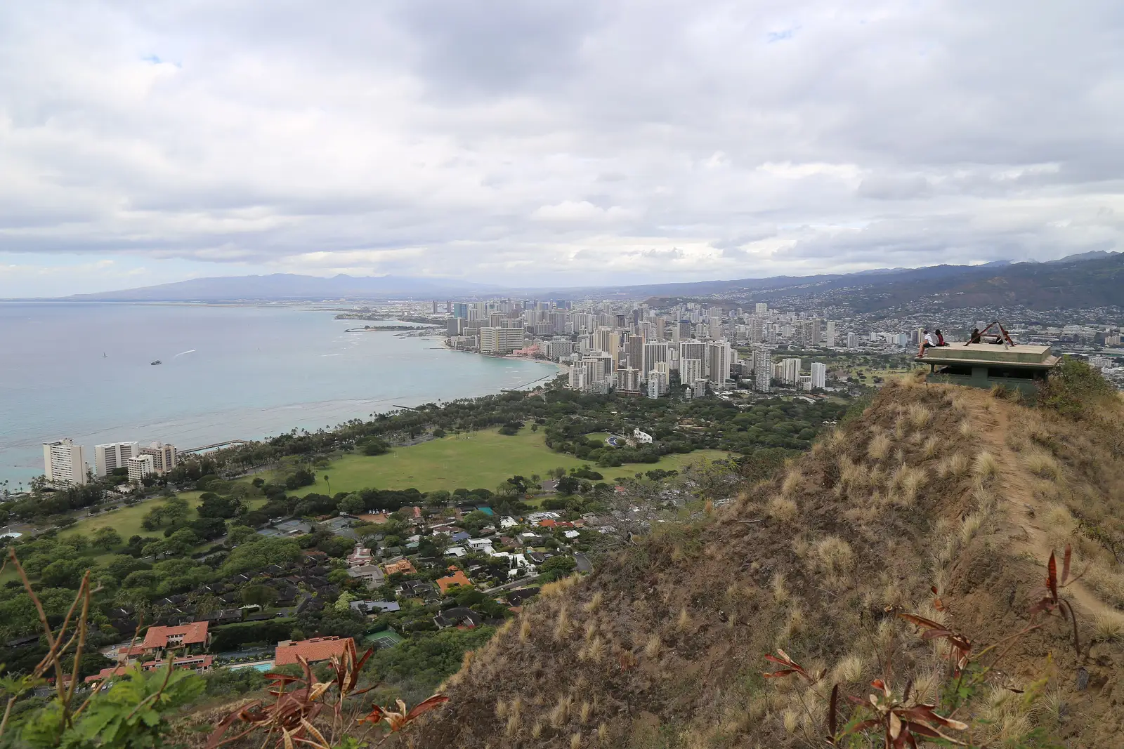 Skyline of Honolulu and Waikiki with high-rise buildings along the coastline, seen from Diamond Head, Hawaii