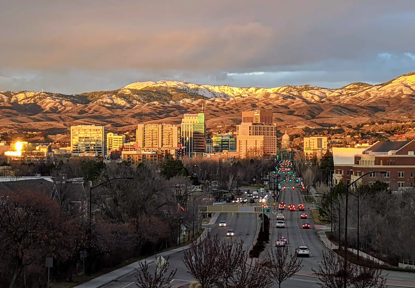 The downtown Boise skyline in winter, with office towers and bare trees under a pale sky, Idaho