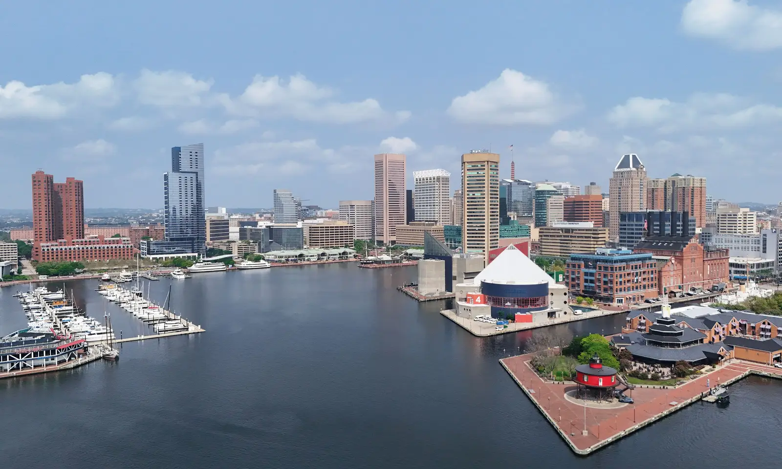Skyline of Baltimore, Maryland, viewed across the Inner Harbor with downtown high-rises