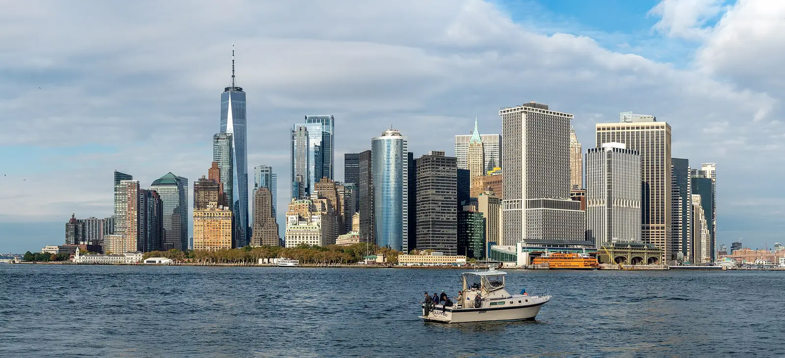 The Lower Manhattan skyline including One World Trade Center seen across New York Harbor, New York
