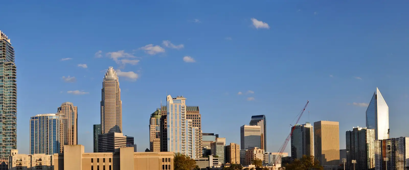 The Uptown Charlotte skyline of high-rise towers under a clear sky, North Carolina