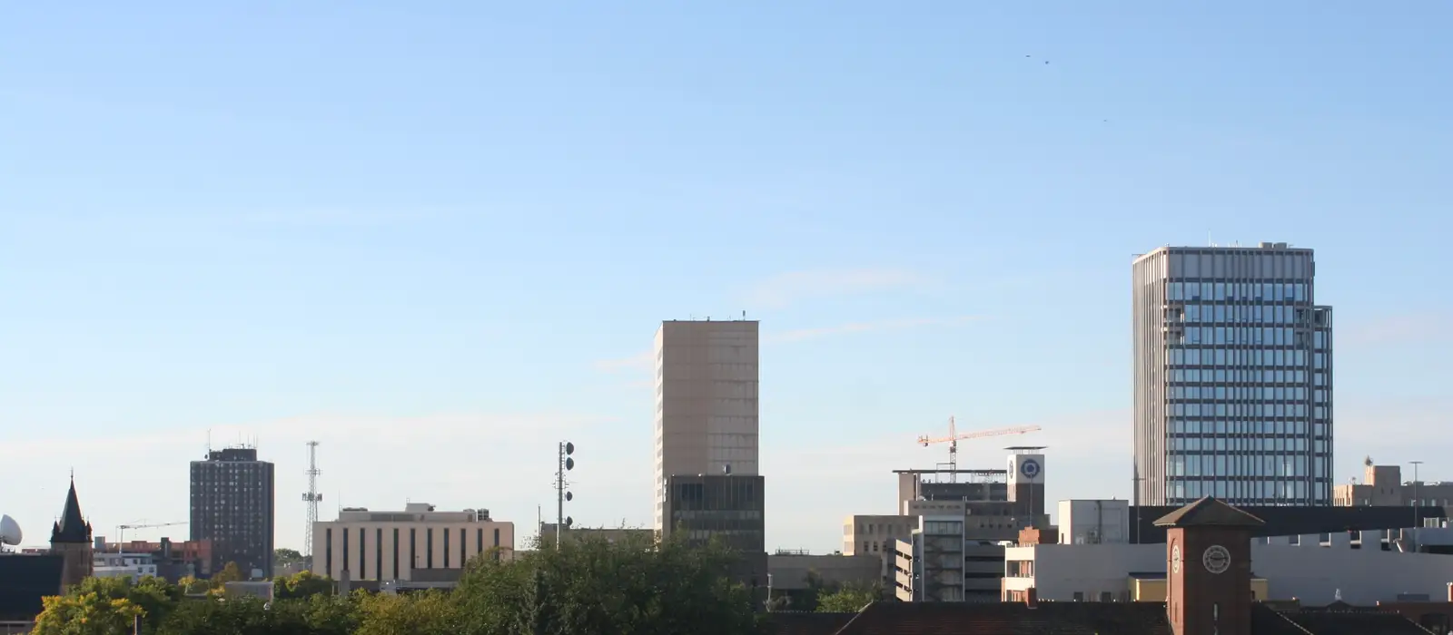 Downtown Fargo, North Dakota skyline under a clear sky