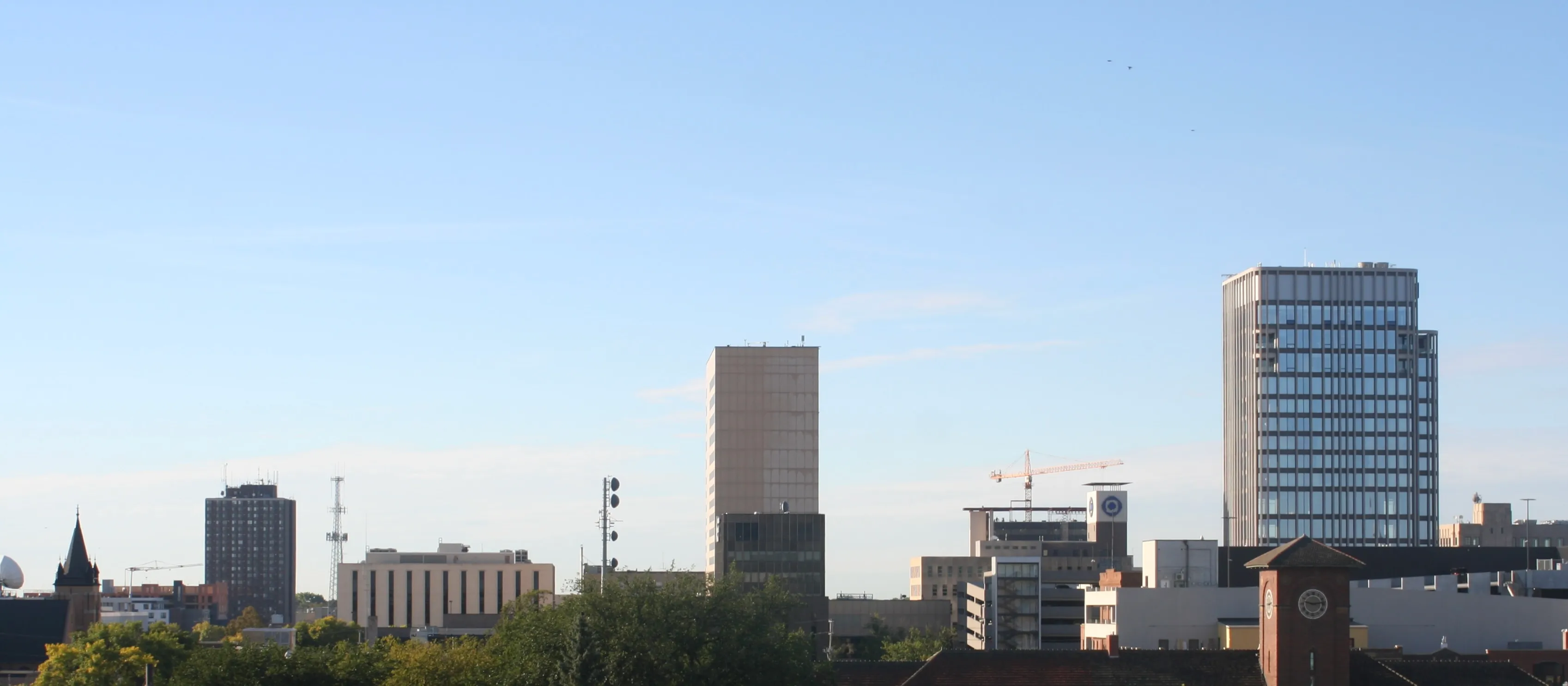 Downtown Fargo, North Dakota skyline under a clear sky