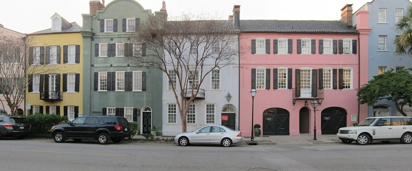 Rainbow Row, a row of pastel-colored historic houses along East Bay Street in Charleston, South Carolina