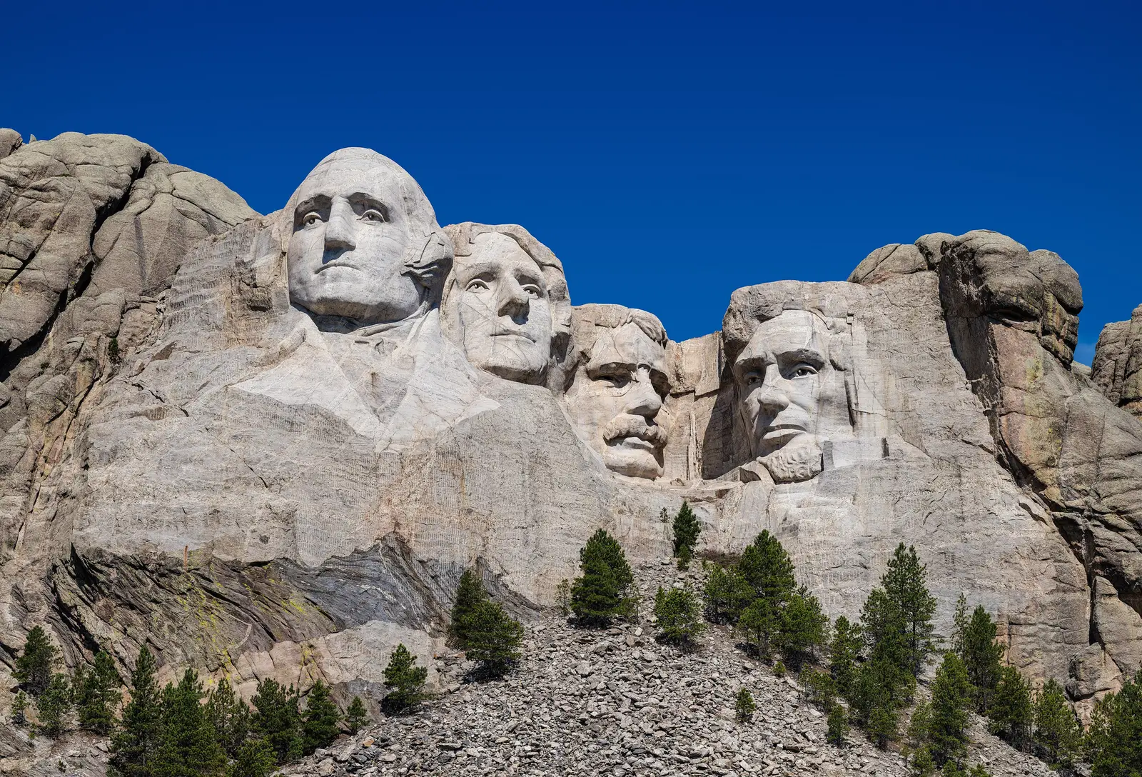 Close-up view of the carved presidential faces at Mount Rushmore National Memorial, South Dakota