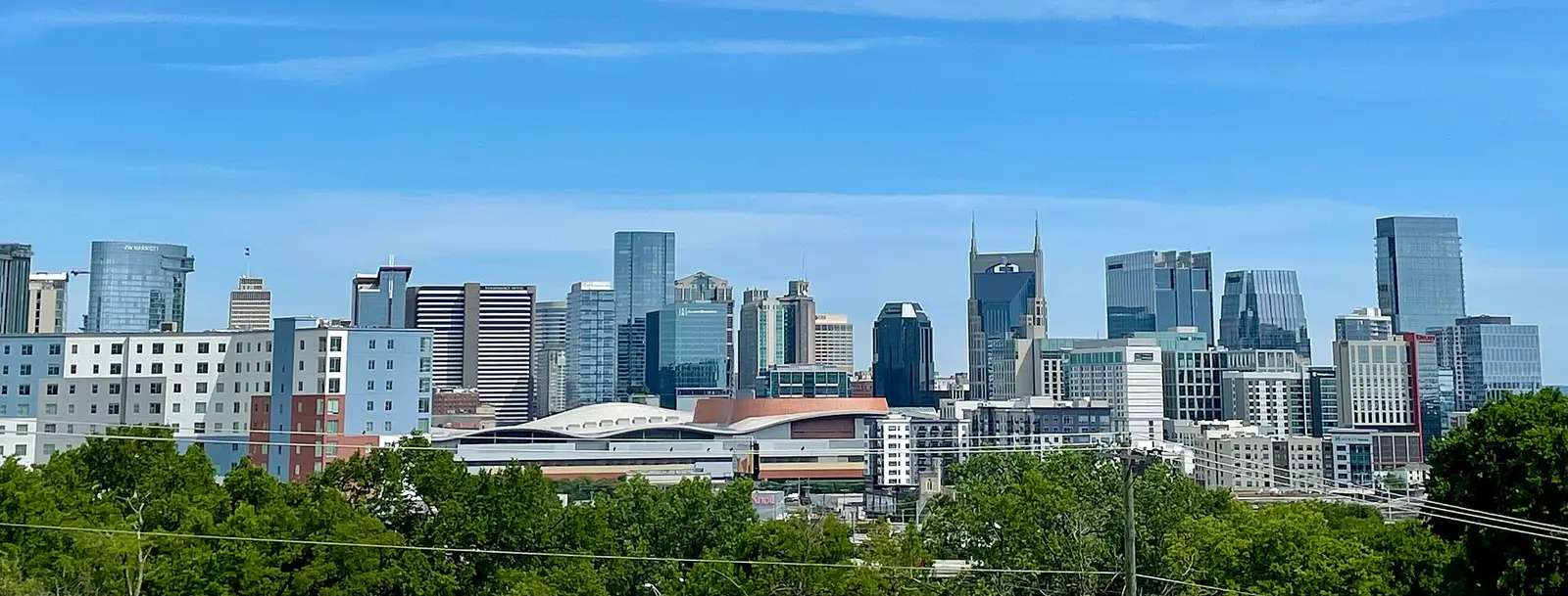 The Downtown Nashville skyline on a clear day, seen from Fort Negley, Tennessee