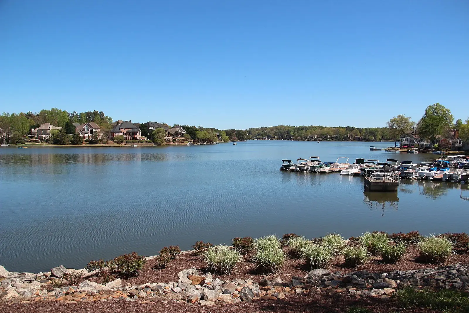 Lakefront homes and boat docks on Lake Windward in Alpharetta, Georgia, under a clear blue sky