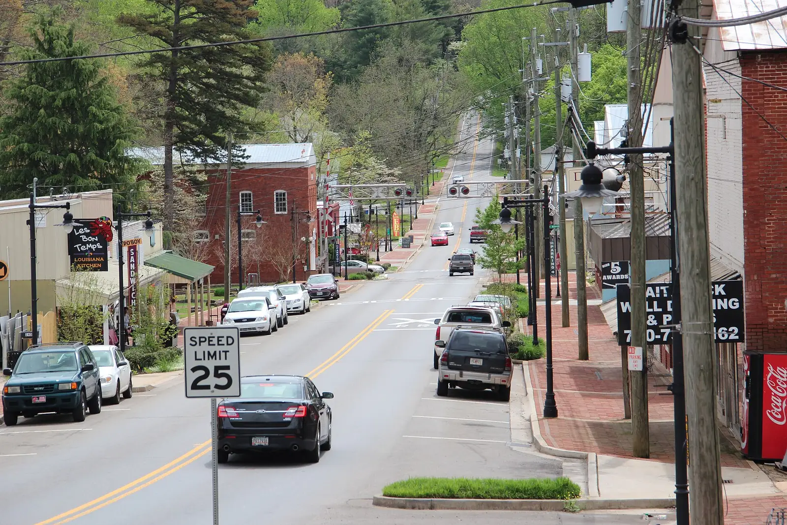 Historic Main Street in downtown Ball Ground, Georgia, lined with brick storefronts