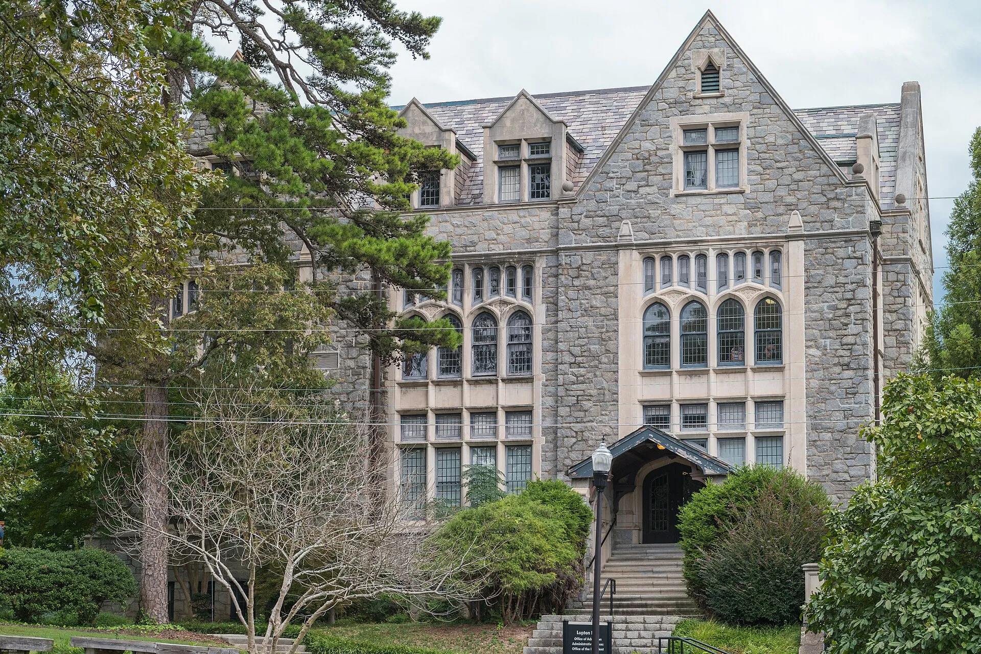 The collegiate Gothic facade of Lupton Hall at Oglethorpe University in Brookhaven, Georgia