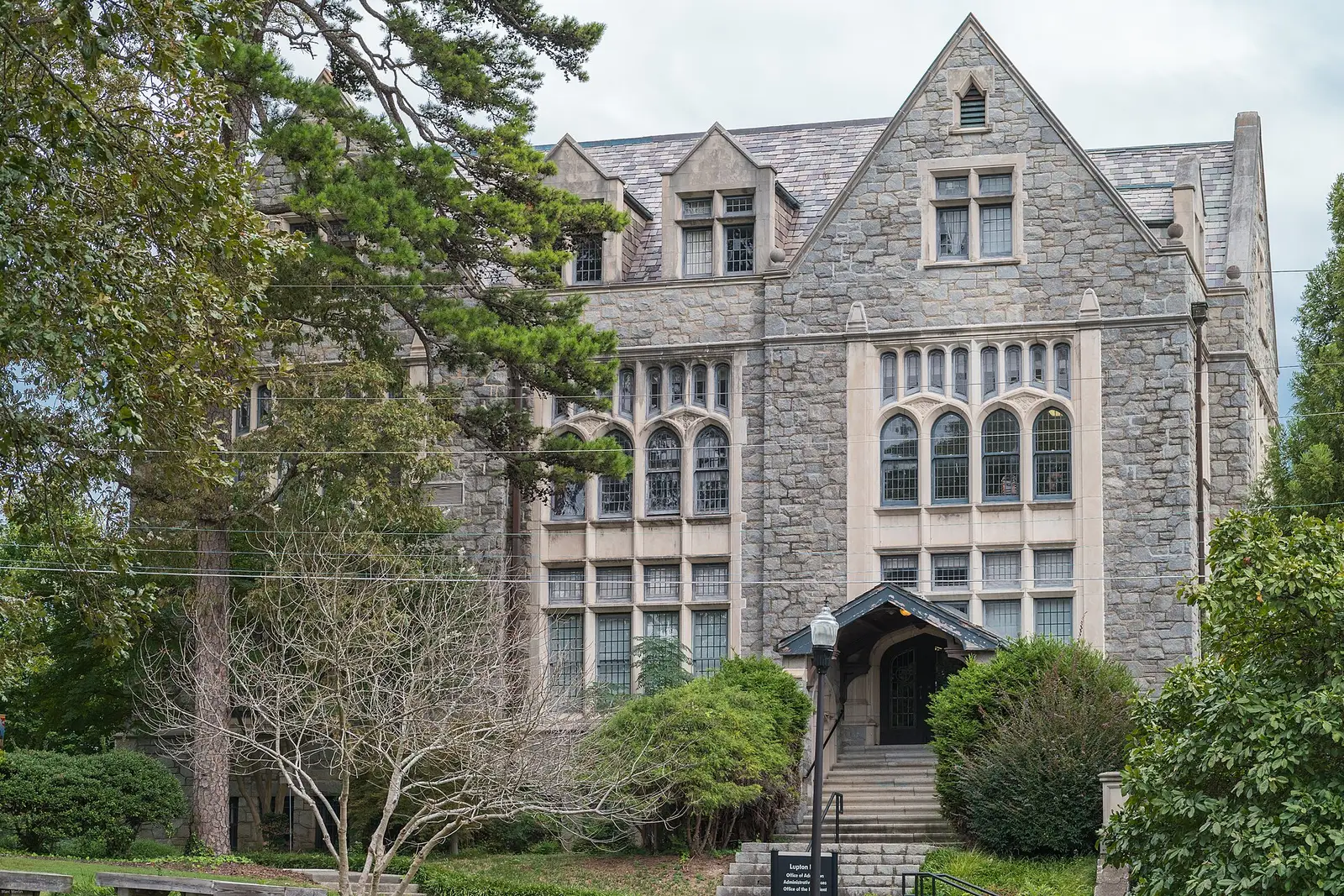The collegiate Gothic facade of Lupton Hall at Oglethorpe University in Brookhaven, Georgia