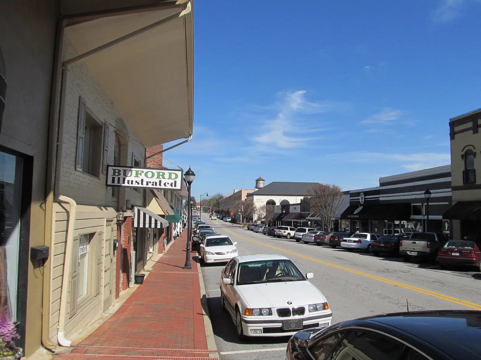 Historic Main Street in downtown Buford, Georgia, lined with brick storefronts