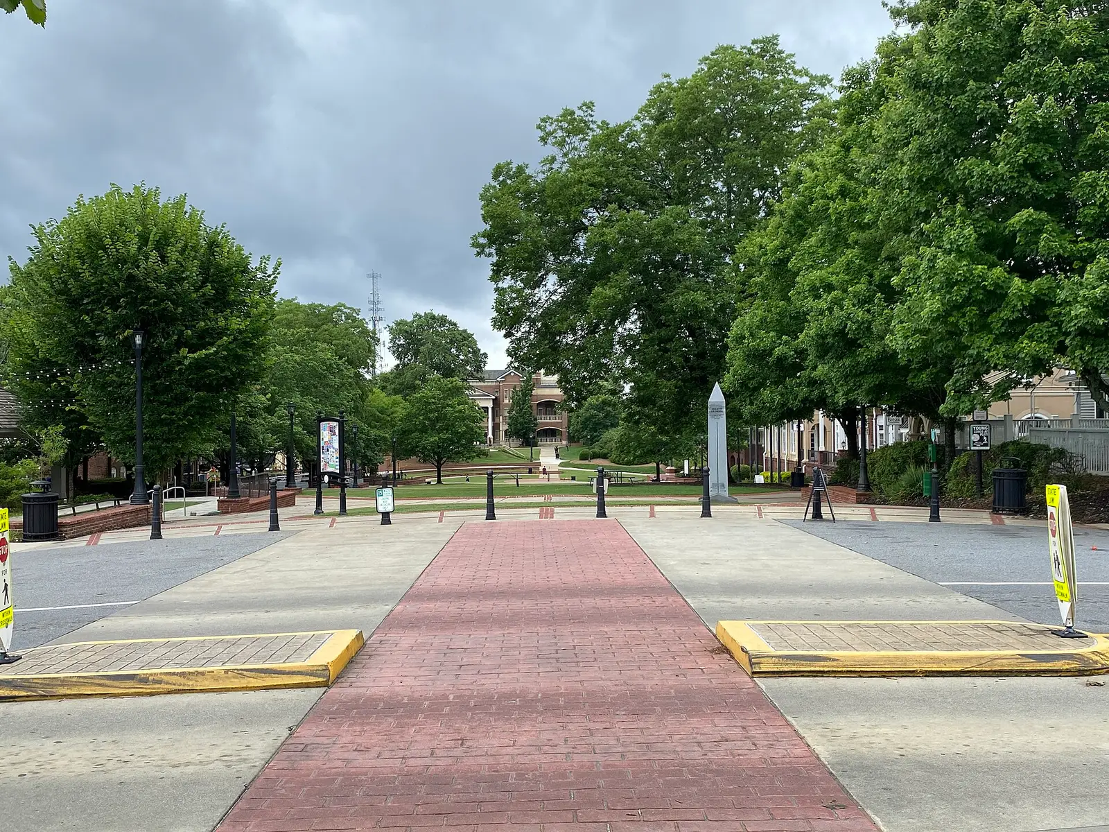 The Town Green in downtown Duluth, Georgia, with brick pathways and a historic colonnaded building