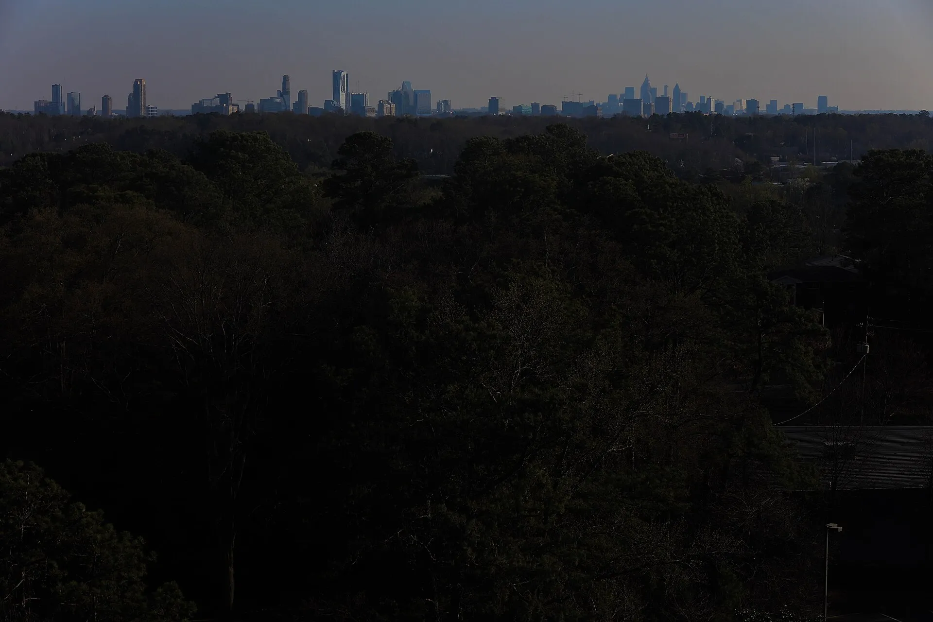 The Atlanta skyline — Buckhead, Midtown, and Downtown towers of Fulton County, Georgia rising above the tree canopy