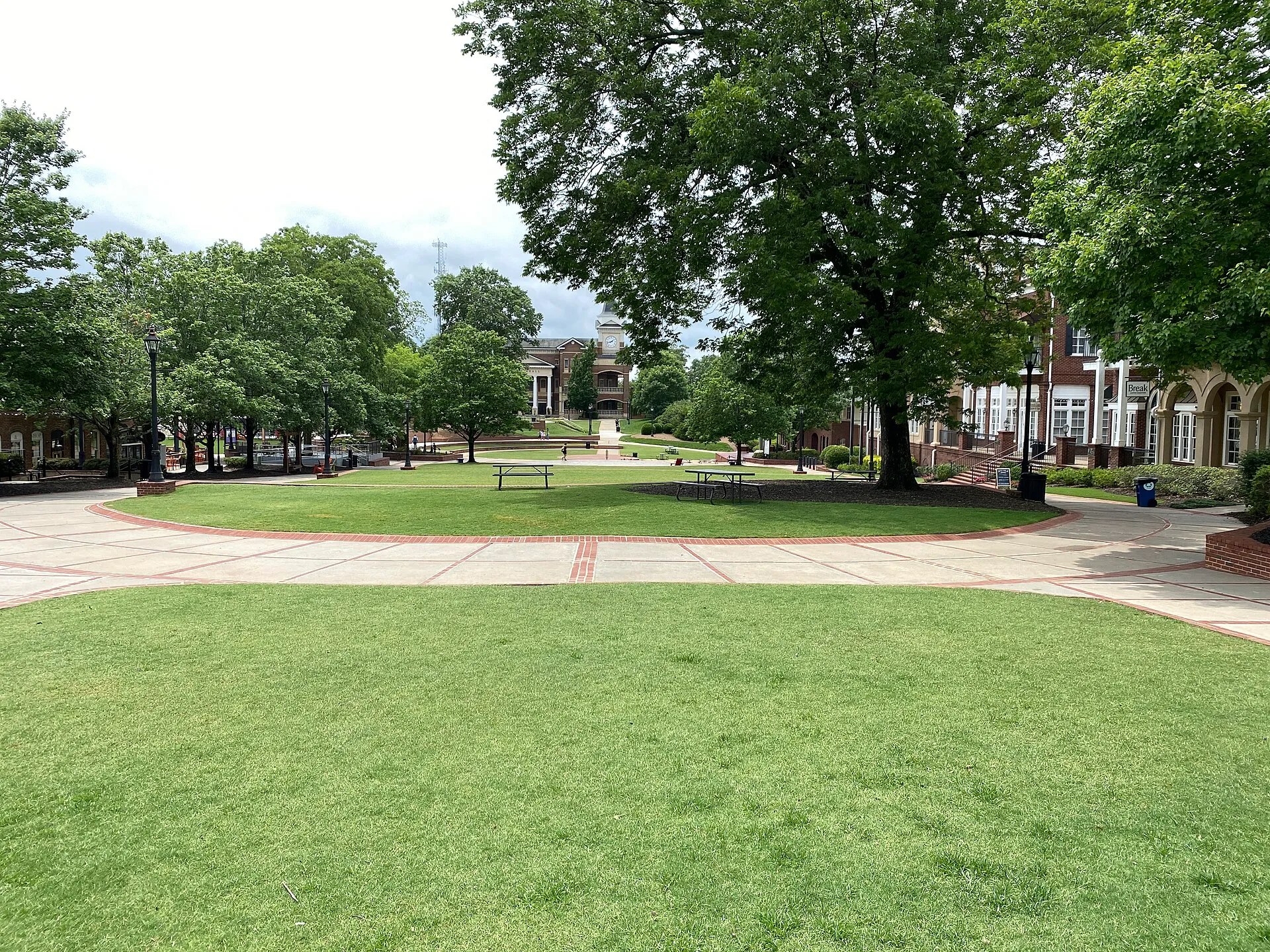 The Town Green in downtown Duluth, Georgia, with brick walkways and the clock tower in Gwinnett County