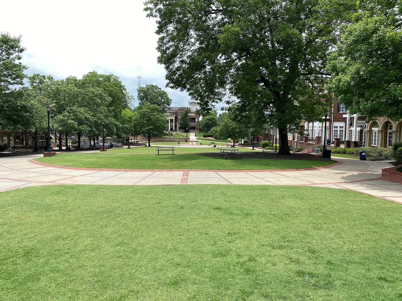 The Town Green in downtown Duluth, Georgia, with brick walkways and the clock tower in Gwinnett County