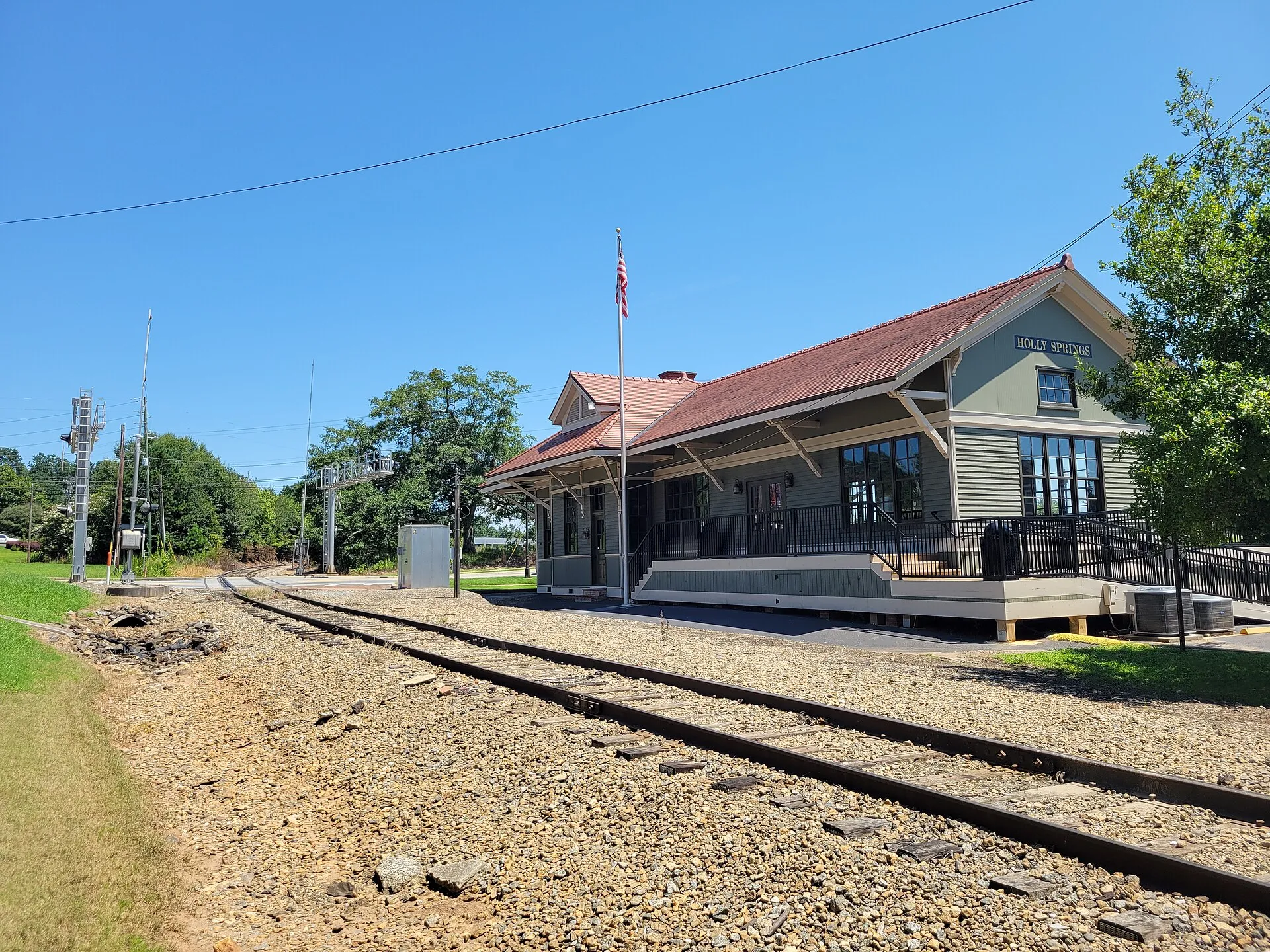 The restored historic train depot in Holly Springs, Georgia