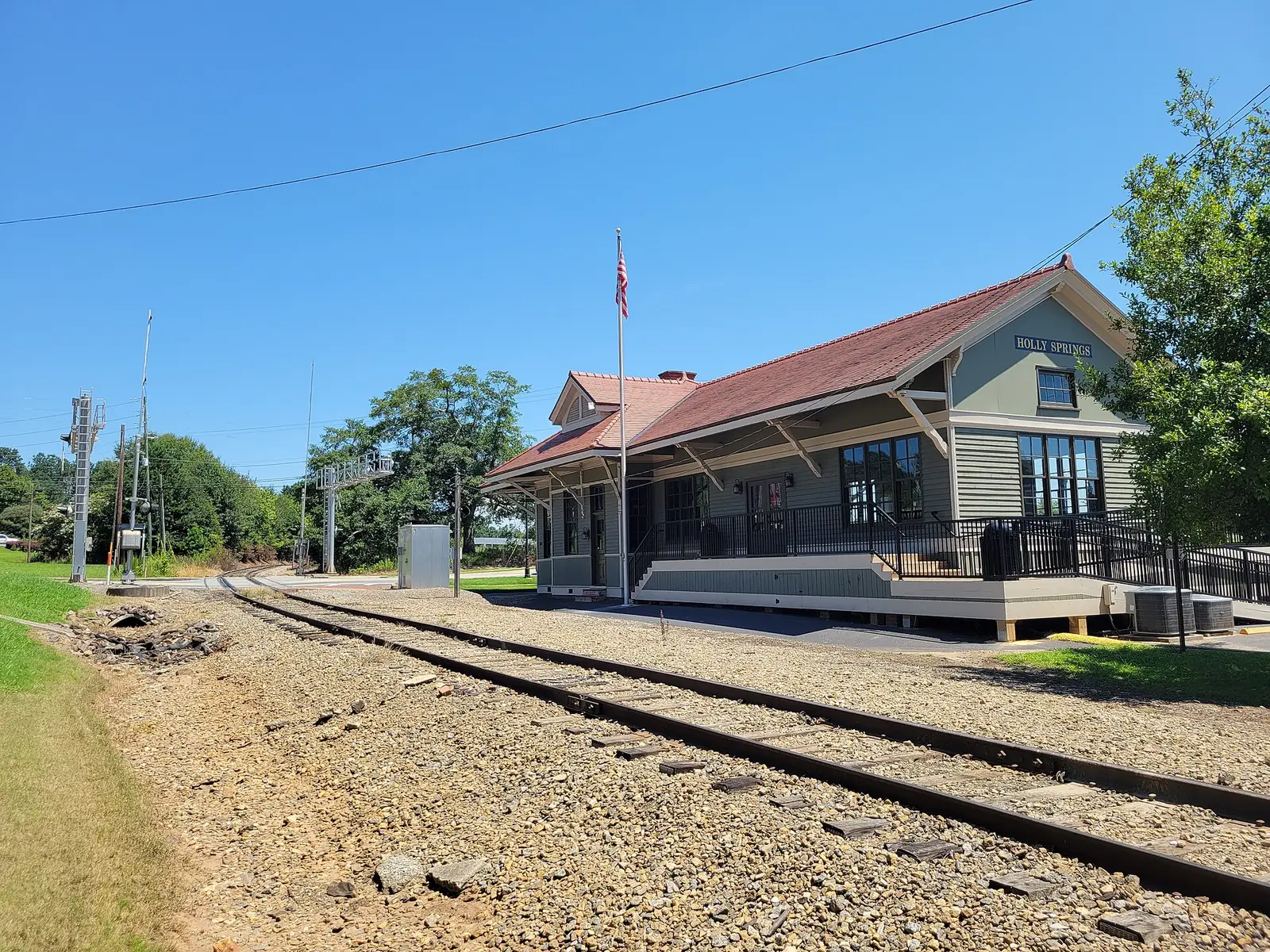 The restored historic train depot in Holly Springs, Georgia