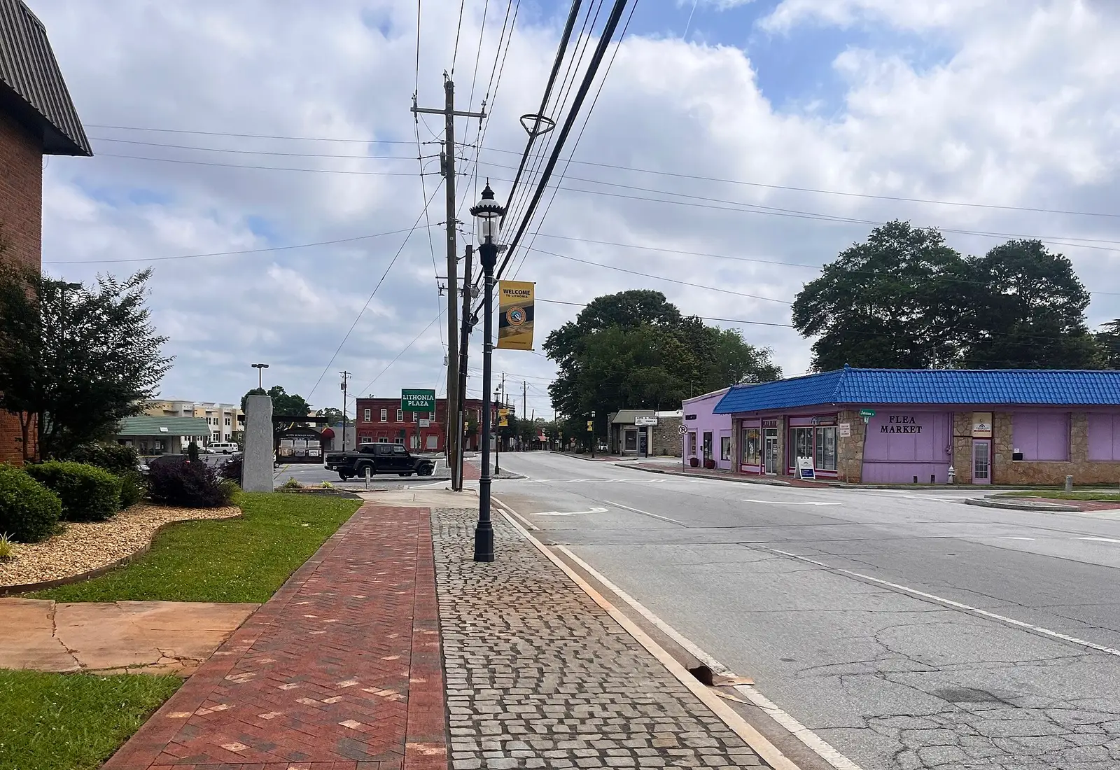The historic granite storefronts of downtown Lithonia, Georgia