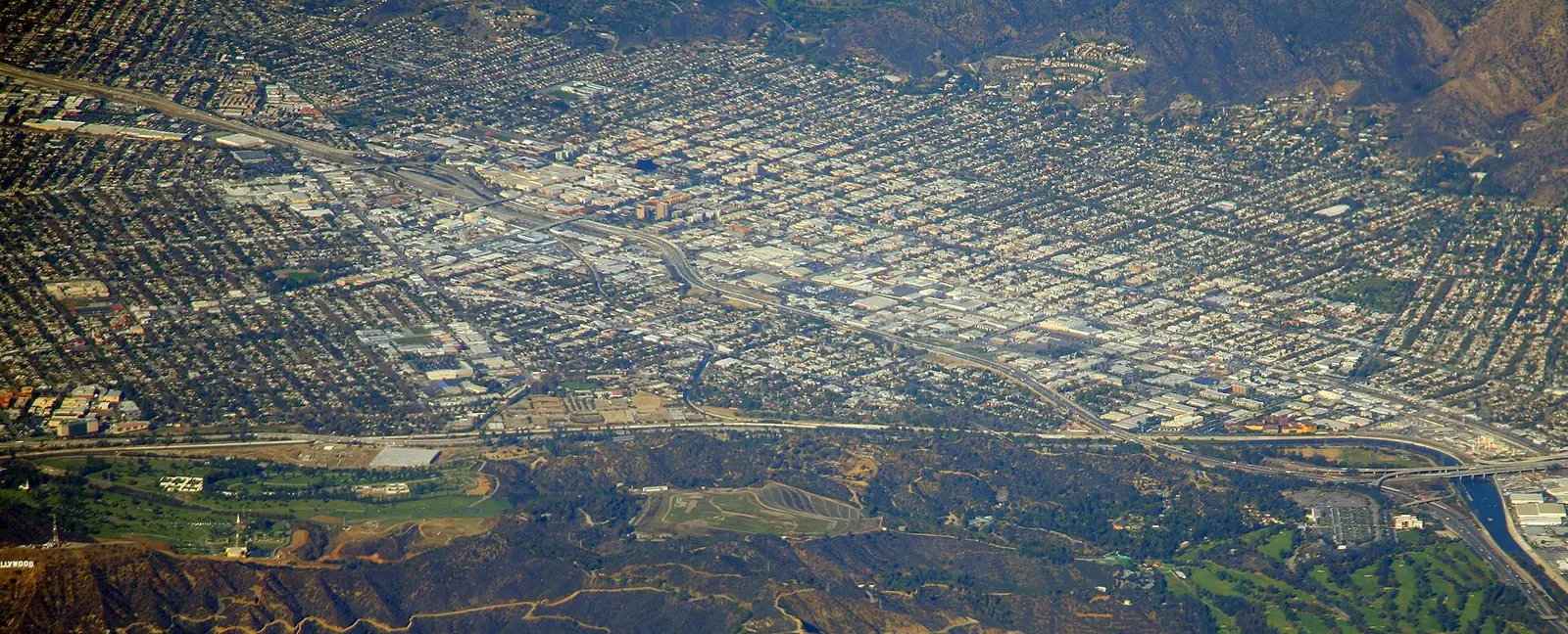 Aerial view of Burbank, California, against the Verdugo Mountains