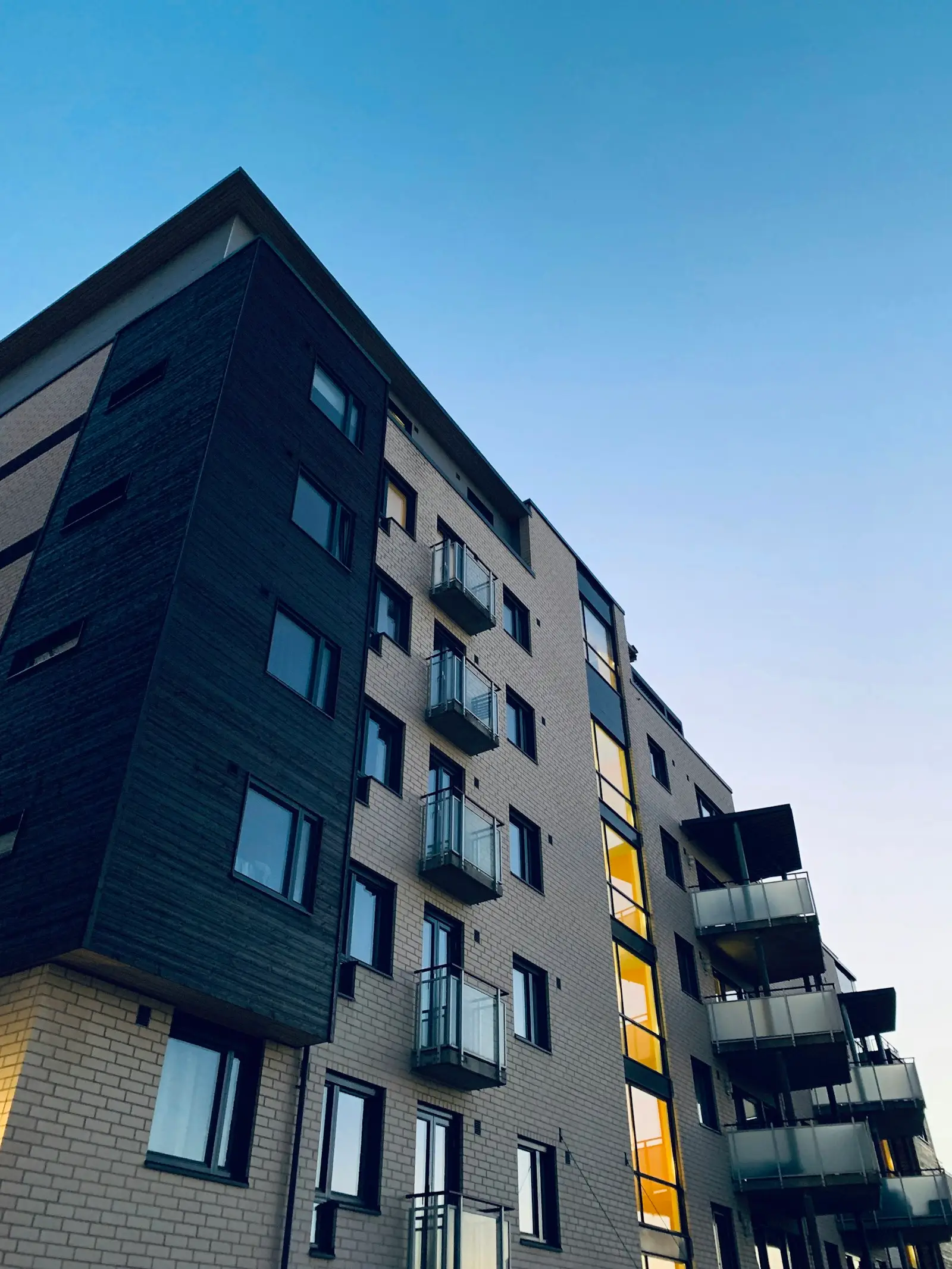 Modern apartment buildings at dusk
