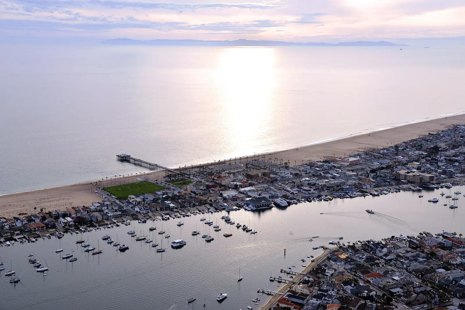 Aerial view of Newport Beach harbor in Orange County at sunset