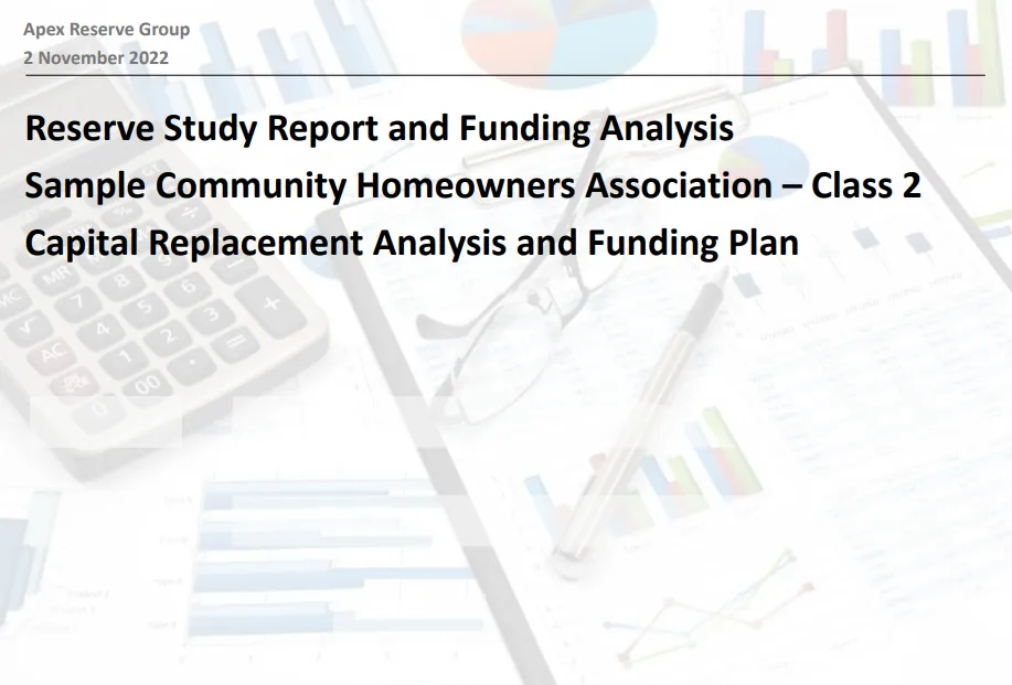 Screenshot of a sample Reserve Study Presentation slide showing financial charts and a calculator