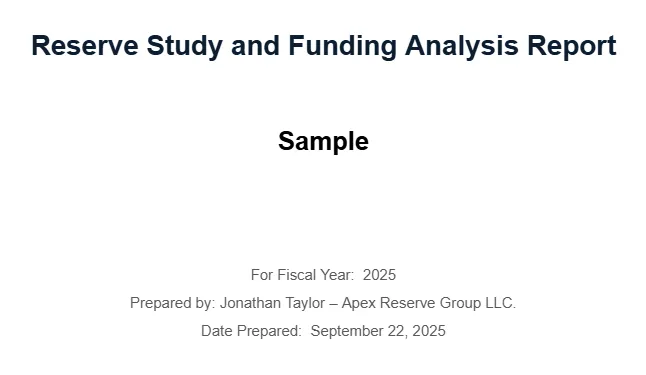 The cover page of a sample Reserve Study and Funding Analysis Report provided by Apex Reserve Group