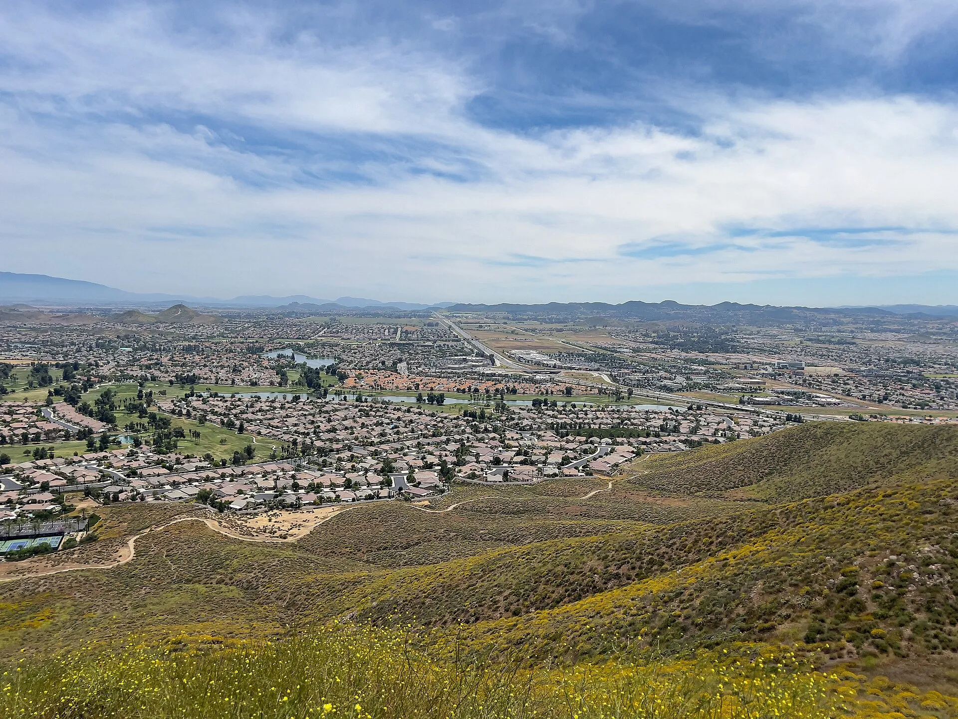 Elevated view of Menifee, California, with suburban neighborhoods spread across the inland valley