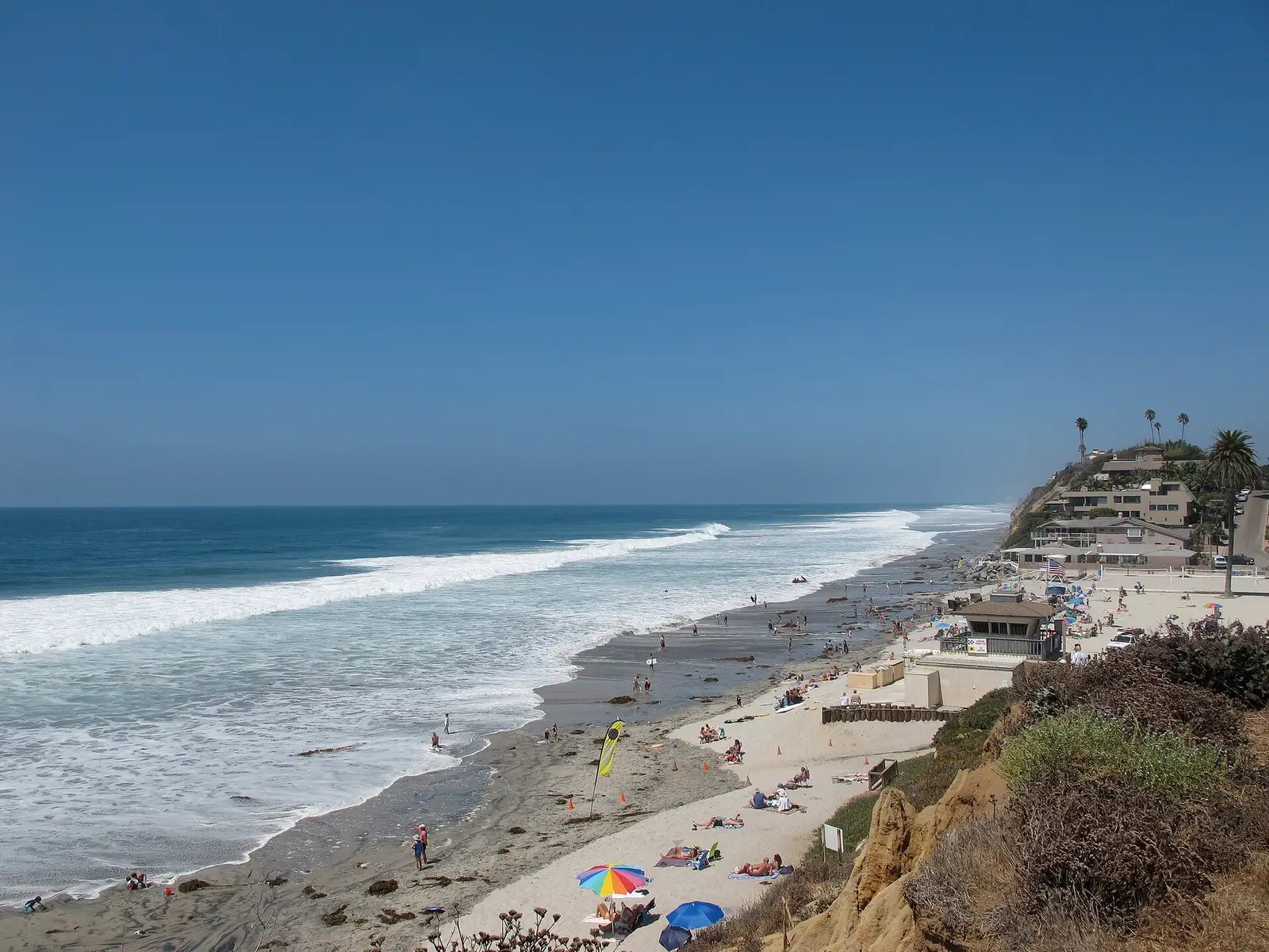 Elevated view of Moonlight Beach in Encinitas, California, with Pacific surf beneath palm-topped coastal bluffs